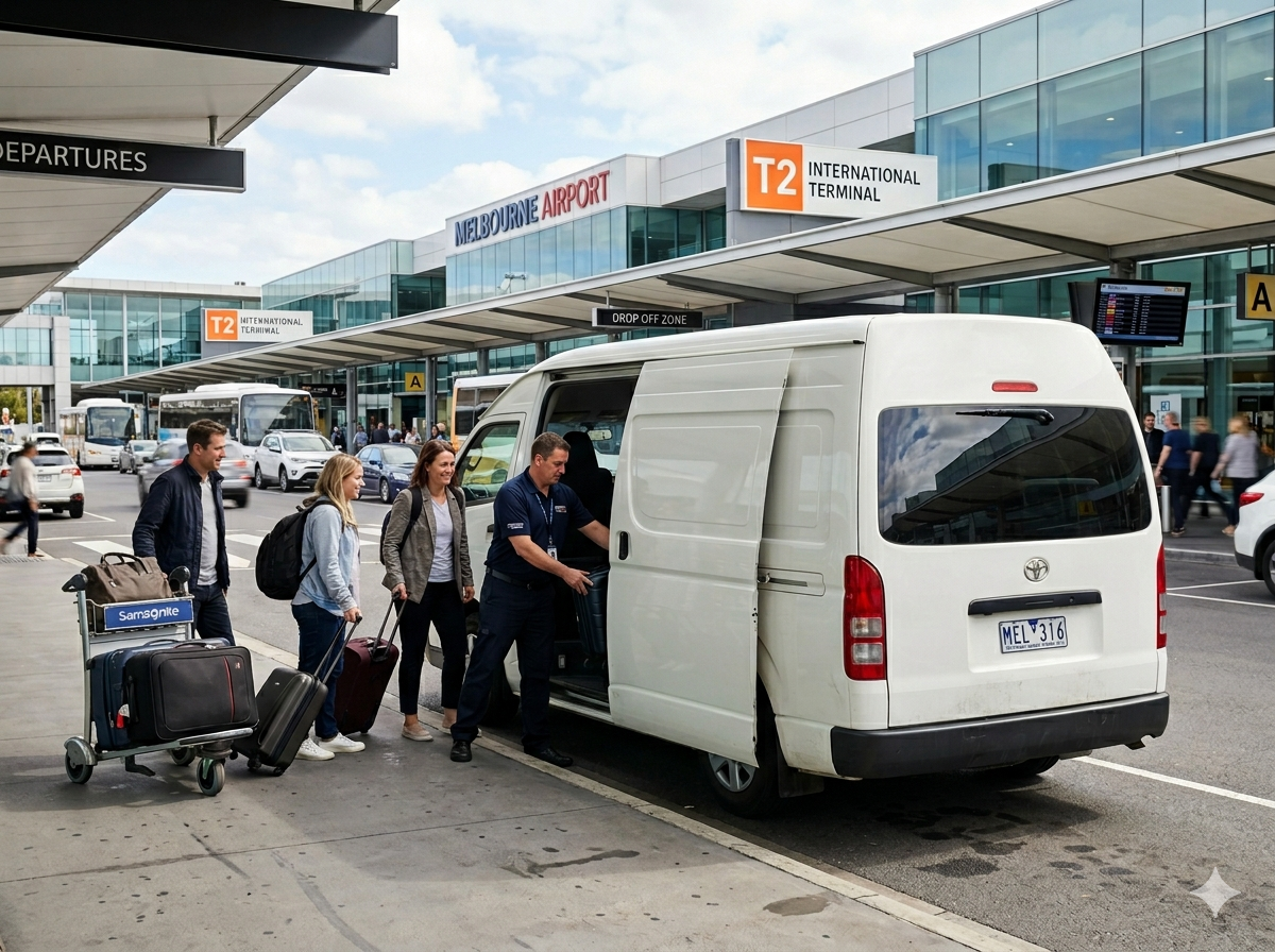 11 Seater Taxi Melbourne by Melbourne Super Maxi picking up group passengers with luggage for airport transfer, spacious maxi cab Melbourne for group travel and airport pickup service.