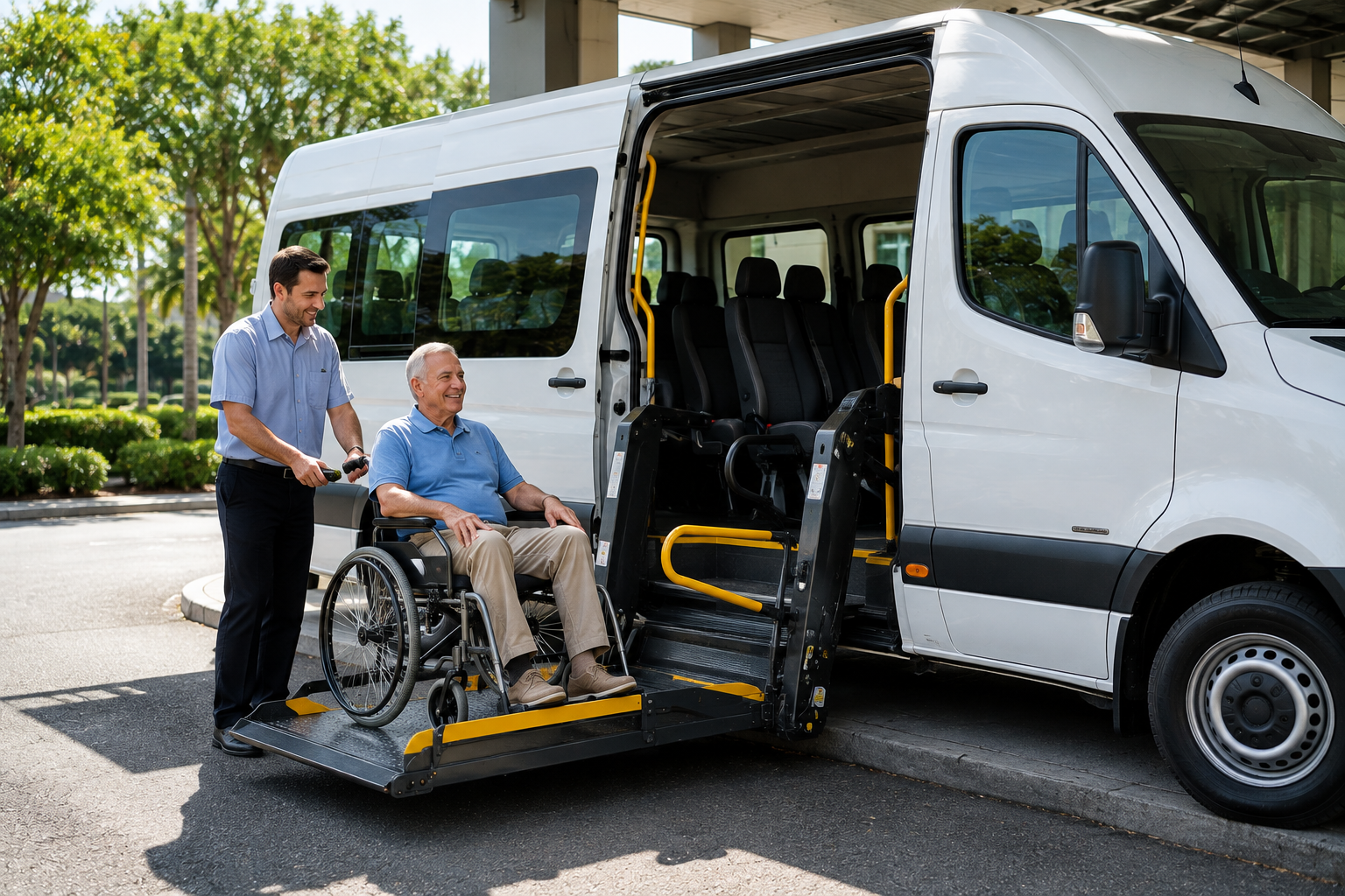 Wheel Chair Maxi Taxi Melbourne driver assisting a passenger with a spacious 11 Seater Toyota HiAce wheelchair-accessible maxi taxi.