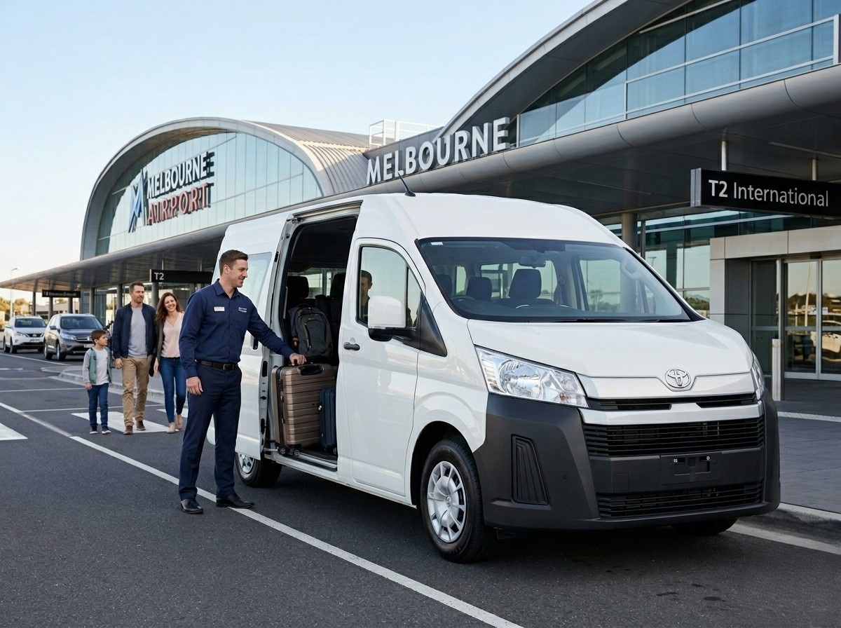Airport Transfer Van Melbourne service by Melbourne Super Maxi with spacious group van at Melbourne Airport terminal pickup