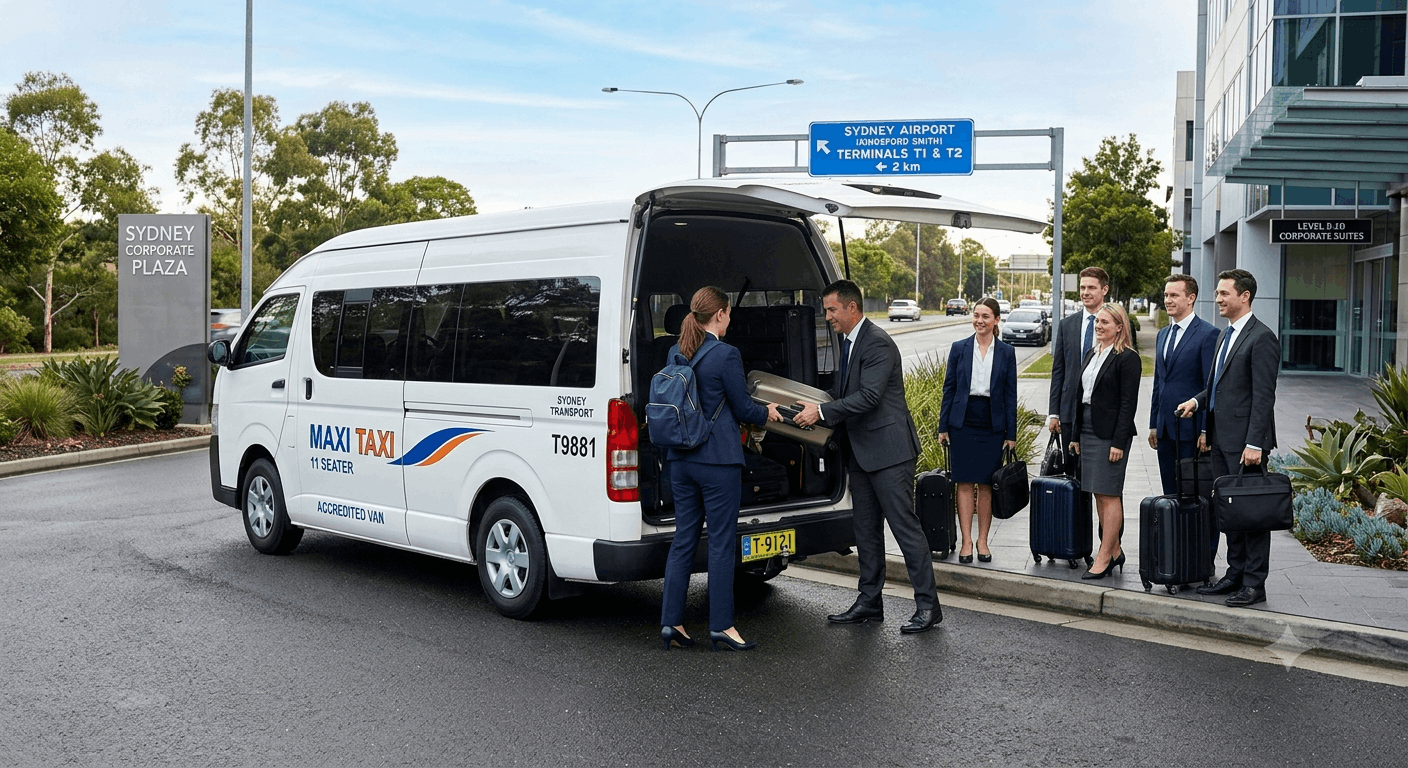 Corporate group airport transfer Melbourne in a white 11-seater maxi taxi, business professionals loading luggage outside corporate office in a realistic Australian setting.