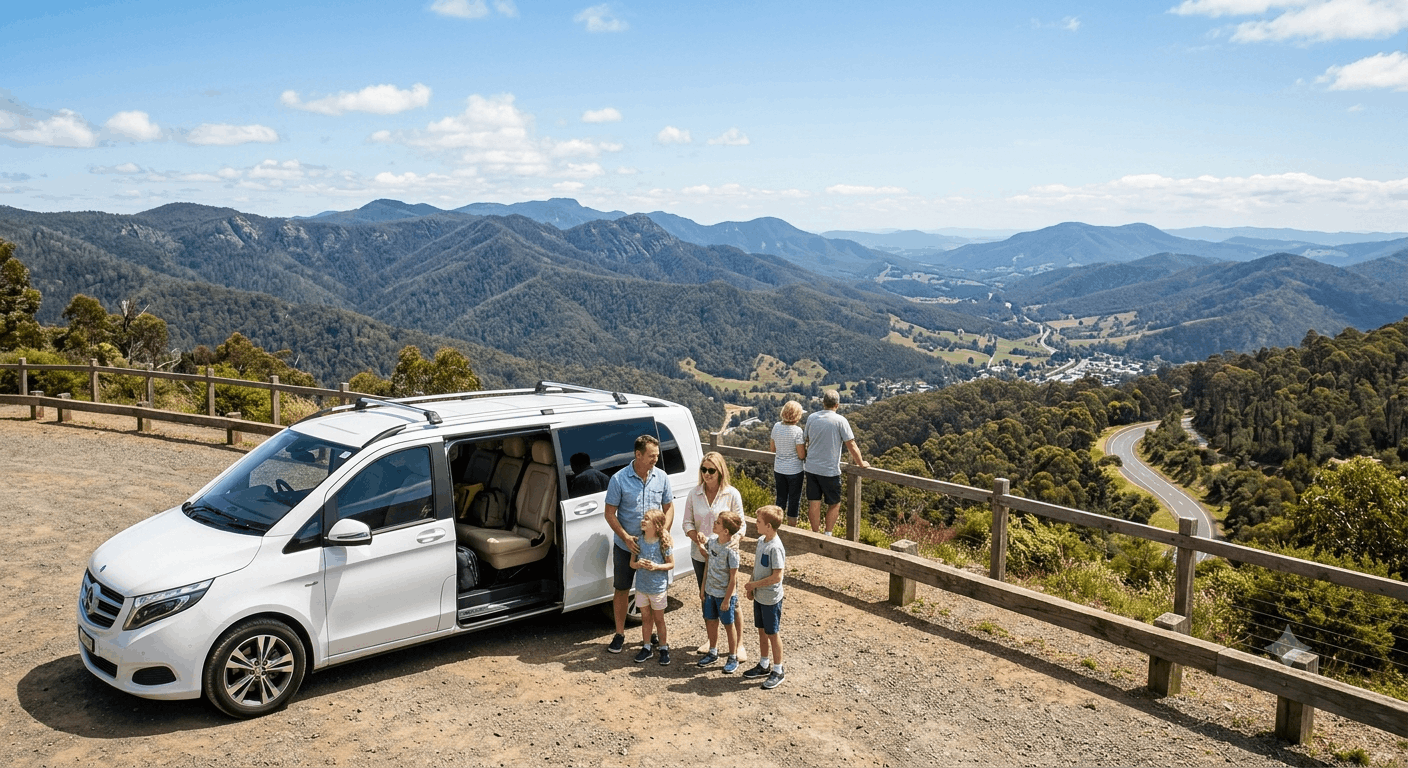 Happy family boarding a luxury maxi van for a private Day Tour Melbourne experience with professional transport service