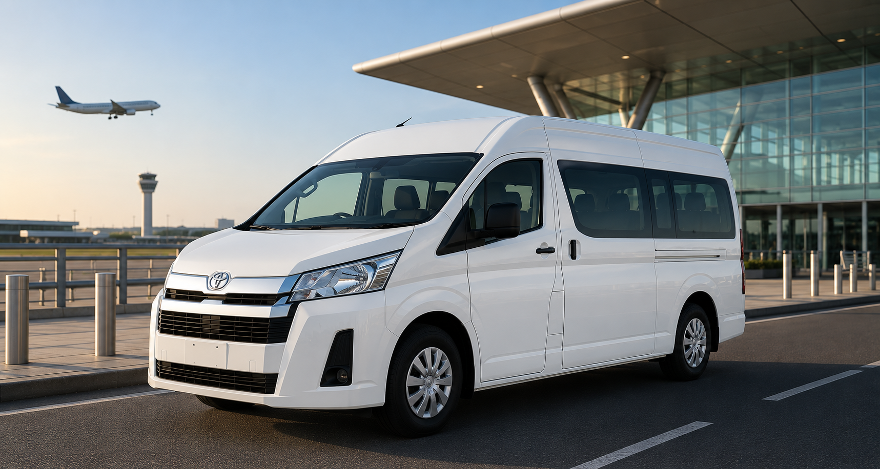White 11-seater Toyota maxi taxi providing airport transport service at Melbourne Airport
