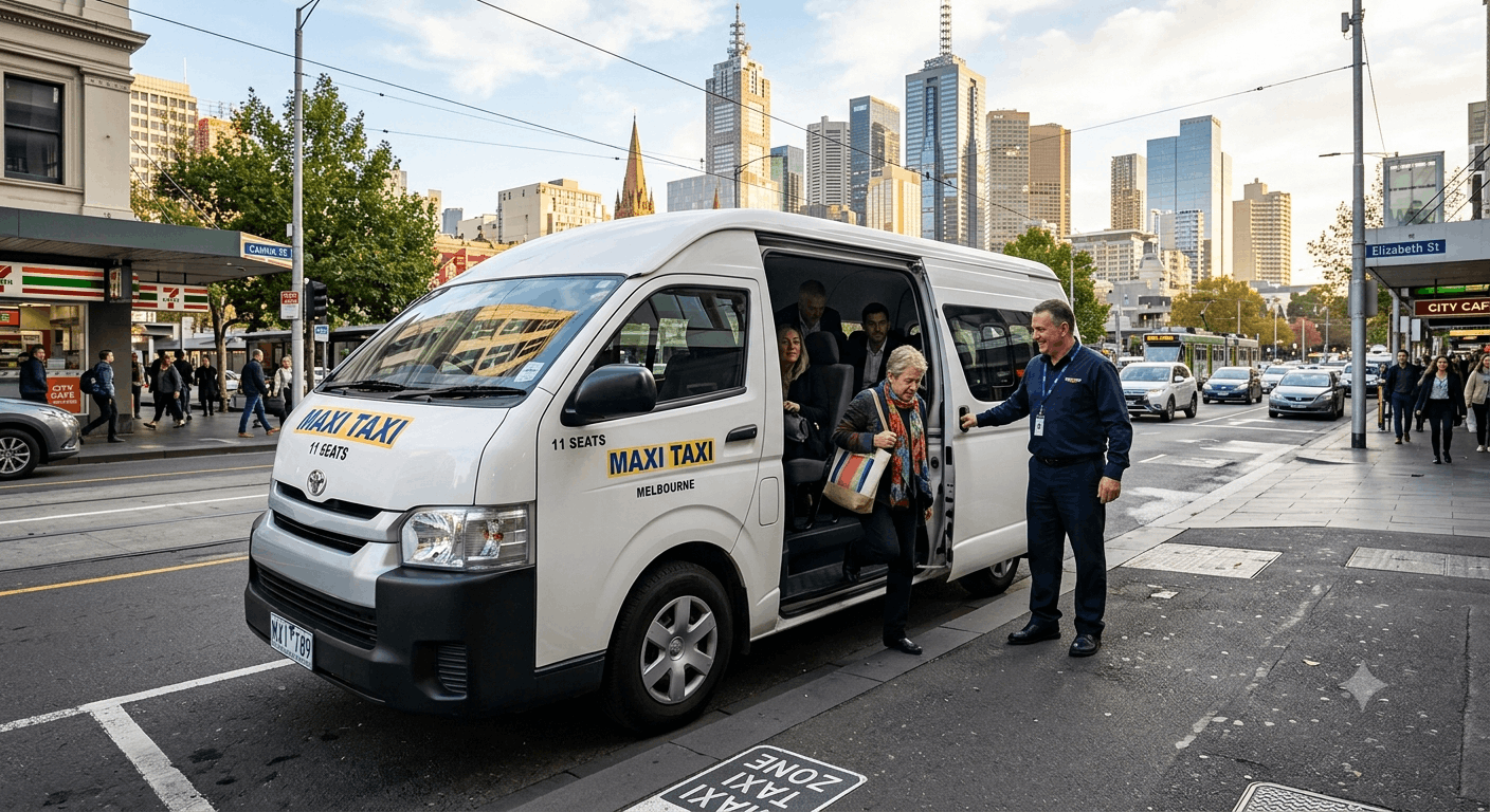 Reliable home and office pickup service in Melbourne using modern maxi taxi providing door to door transport for daily commuters and business travellers
