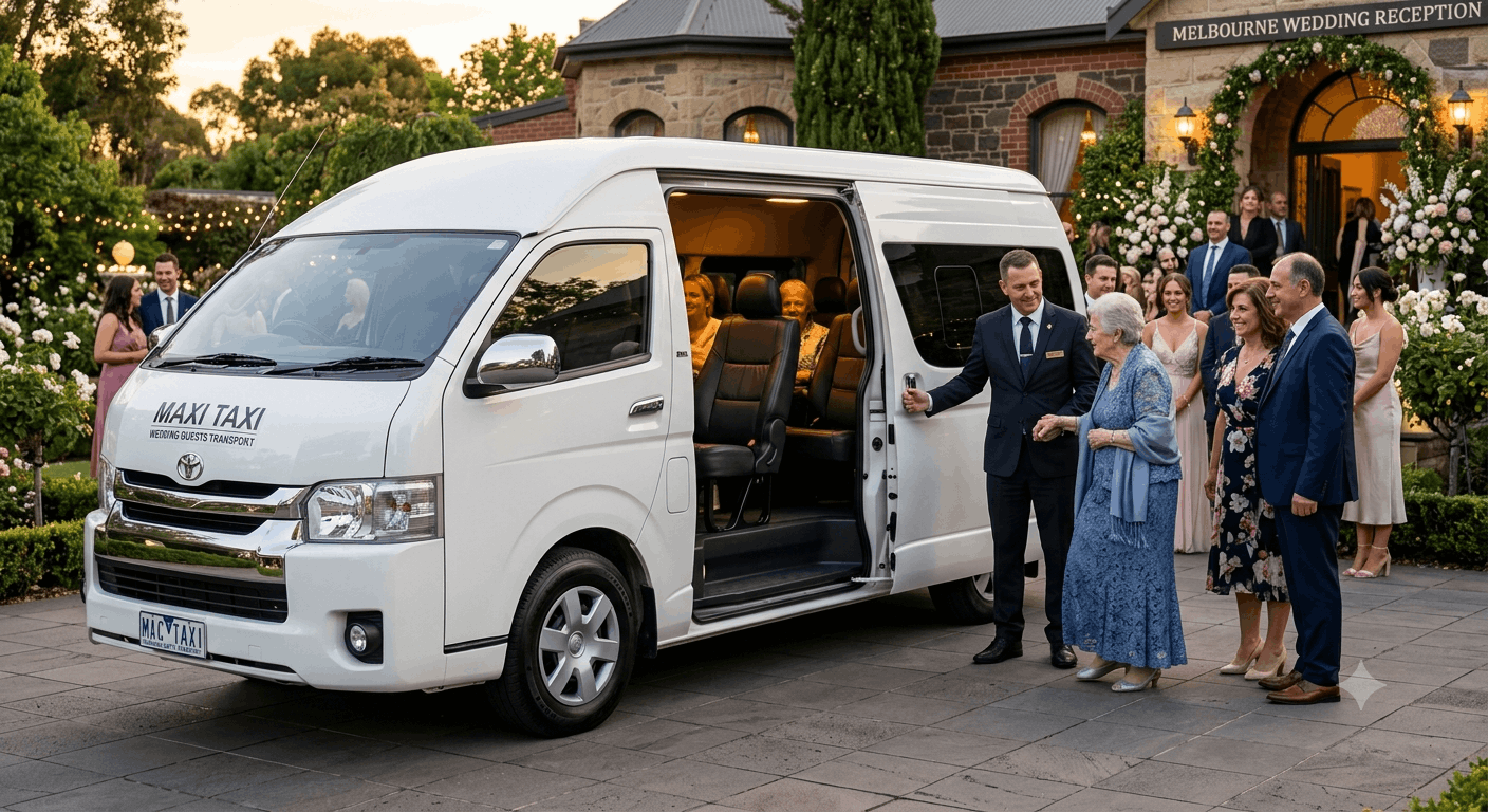 Wedding Guest Transport Melbourne with a luxury 11 Seater Toyota HiAce Maxi Taxi transporting wedding guests to a reception venue in Melbourne.