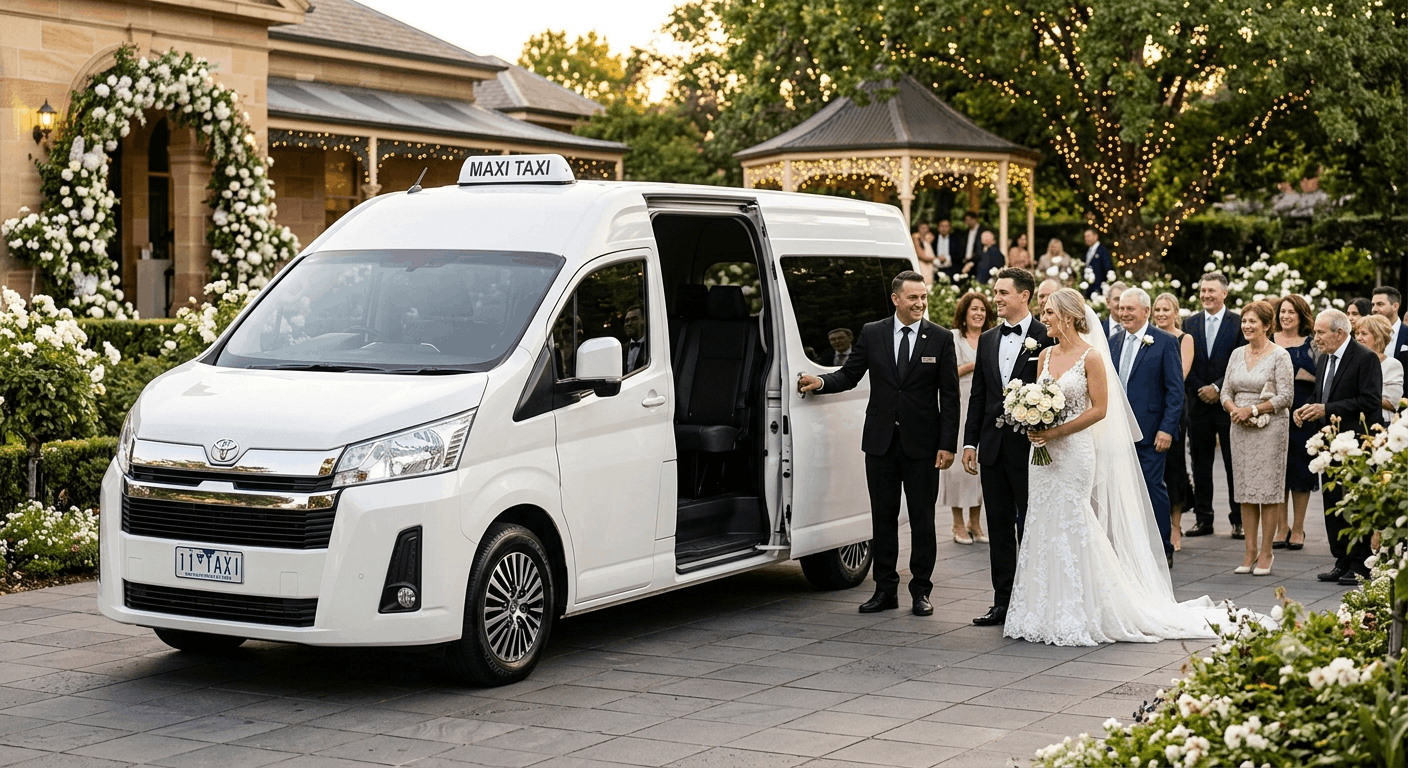 Luxury 11 Seater Toyota HiAce Maxi Taxi providing Wedding Maxi Taxi Melbourne services for the bride, groom and wedding guests outside a premium Melbourne wedding venue.