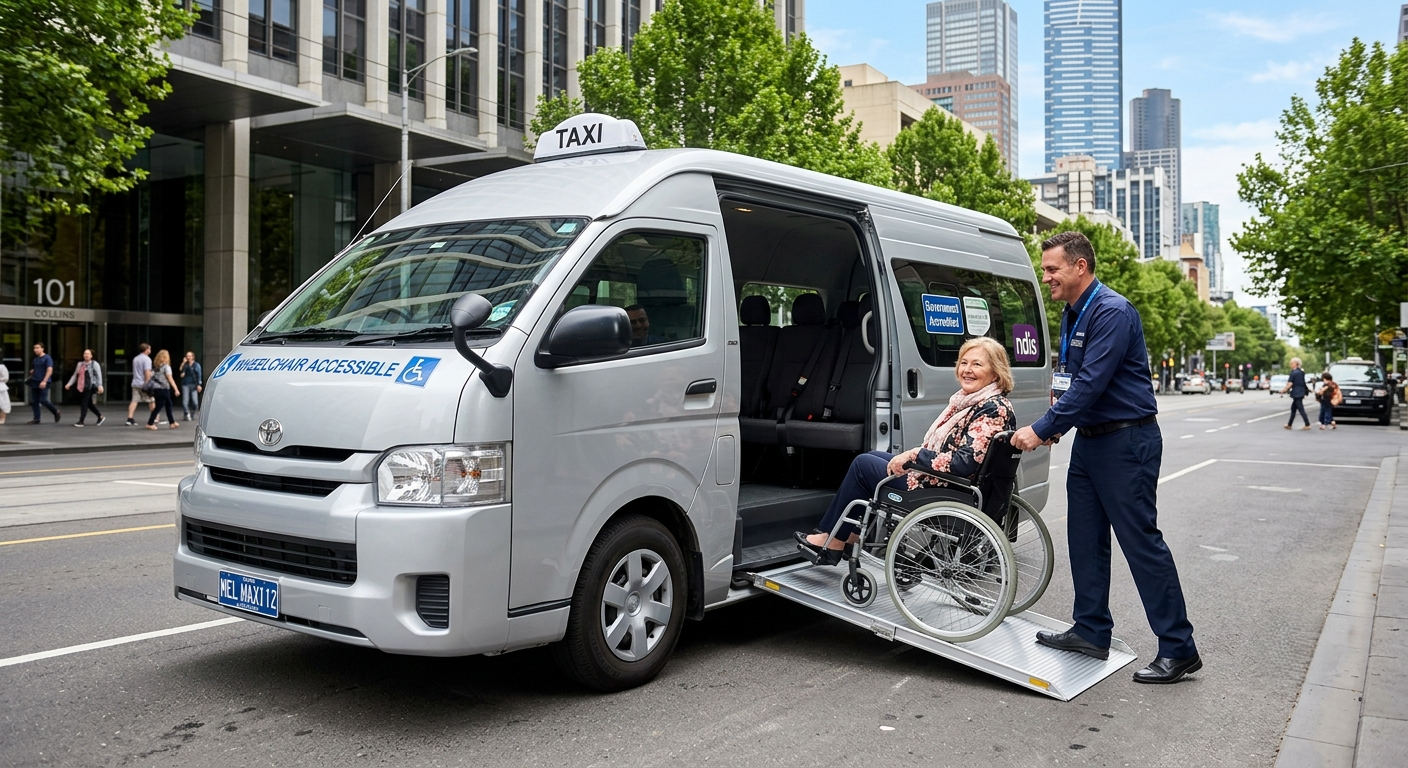 NDIS Transport Providers Melbourne with a wheelchair accessible 11 Seater Toyota HiAce Maxi Taxi providing safe, reliable transport for NDIS participants.