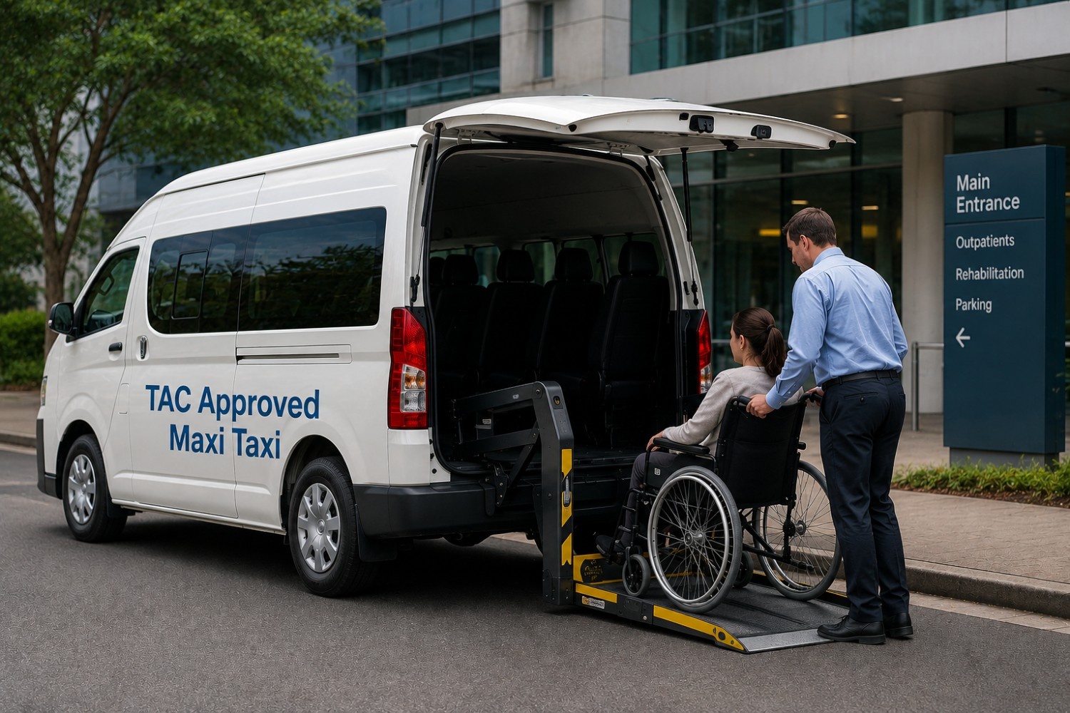 Wheelchair accessible TAC transport maxi taxi in Melbourne for medical and rehabilitation appointments.
