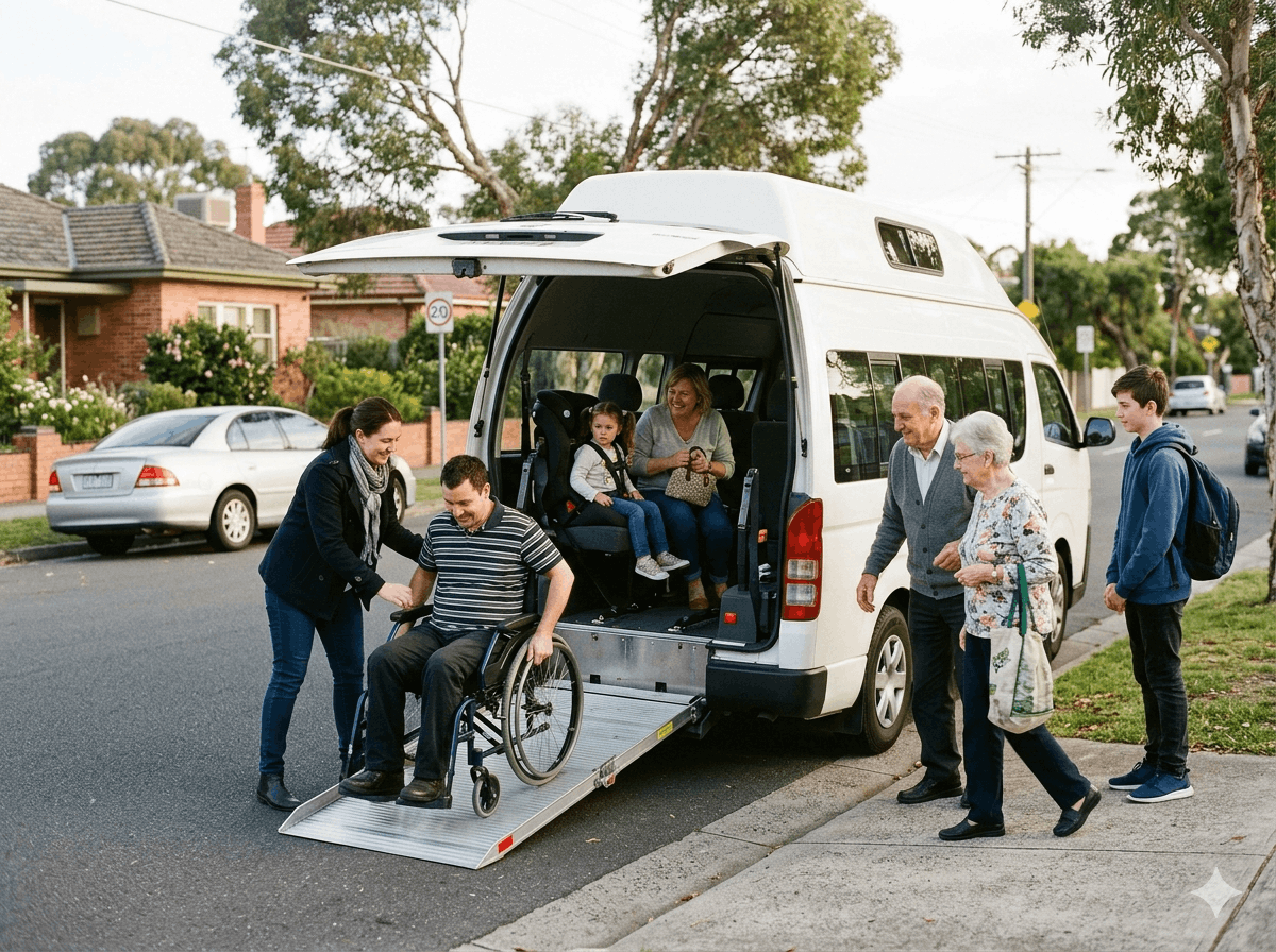 Interior of wheelchair taxi Melbourne showing secured wheelchair position with safety restraints and spacious seating