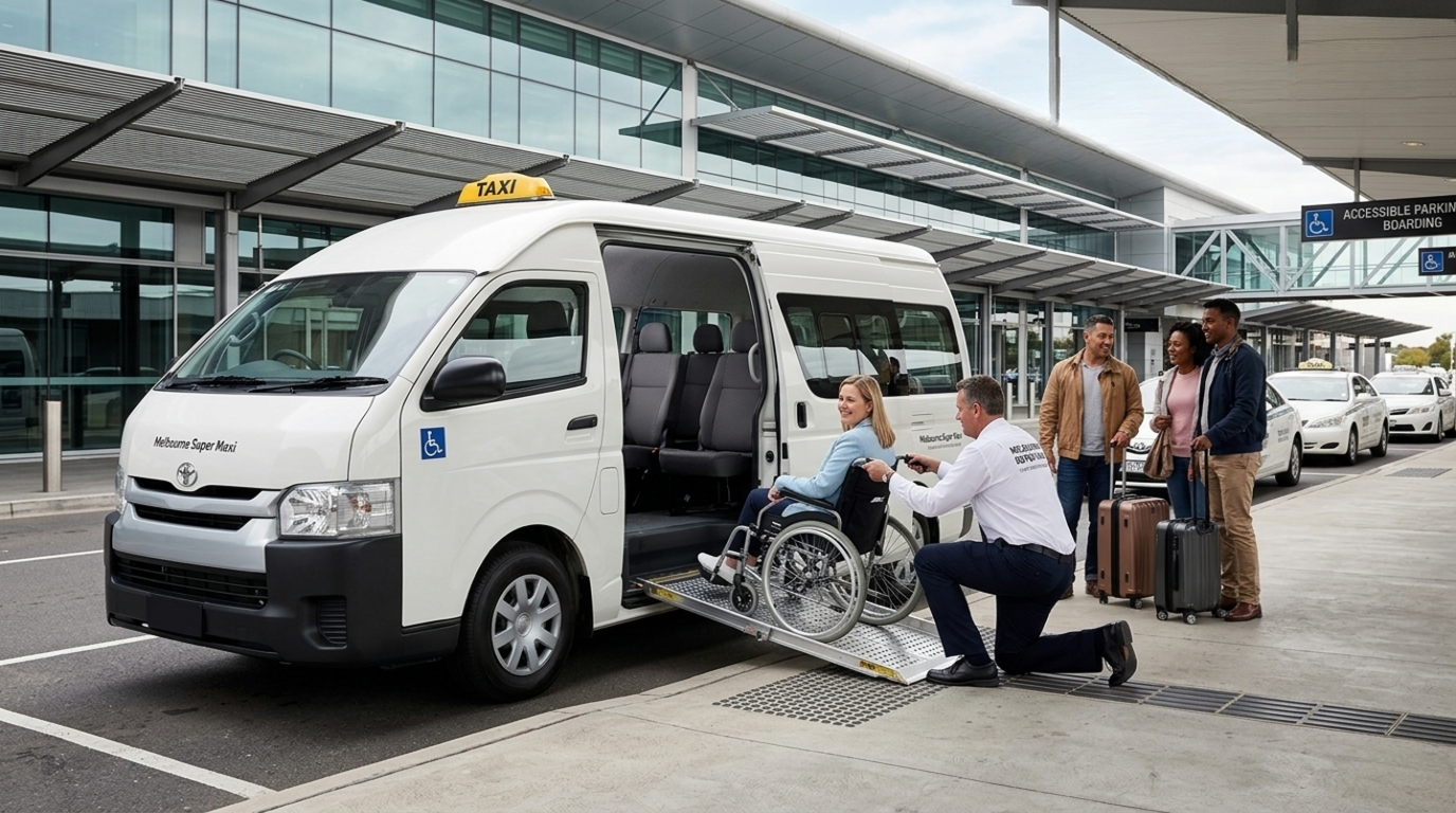 wheelchair taxi Melbourne airport transfer Melbourne Super Maxi accessible maxi cab wheelchair ramp service