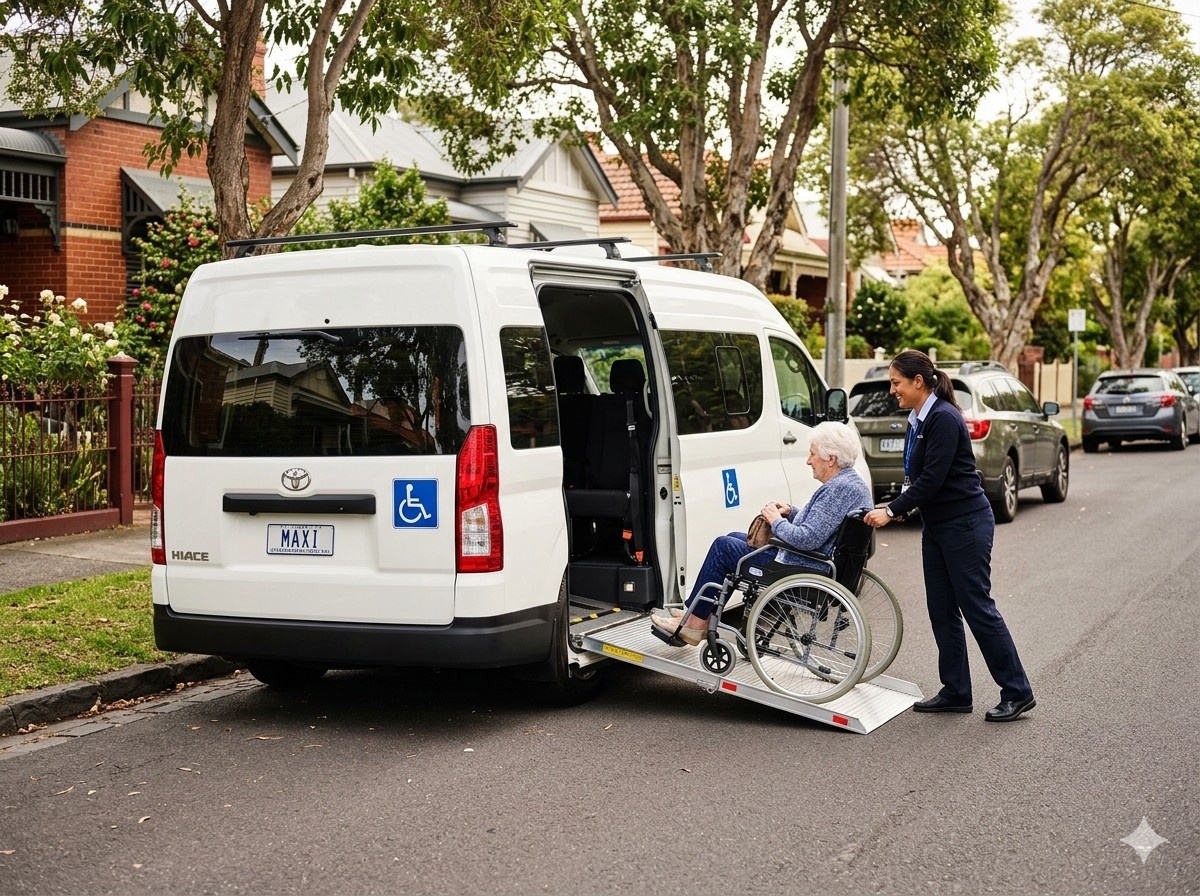 Wheelchair Transport NDIS Melbourne service assisting an elderly wheelchair passenger boarding a wheelchair-accessible maxi taxi via ramp in Melbourne.