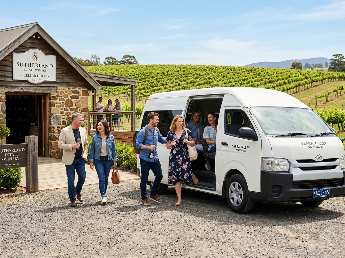 Group of tourists arriving by maxi cab at Yarra Valley winery for Wine Tasting Tours Melbourne experience