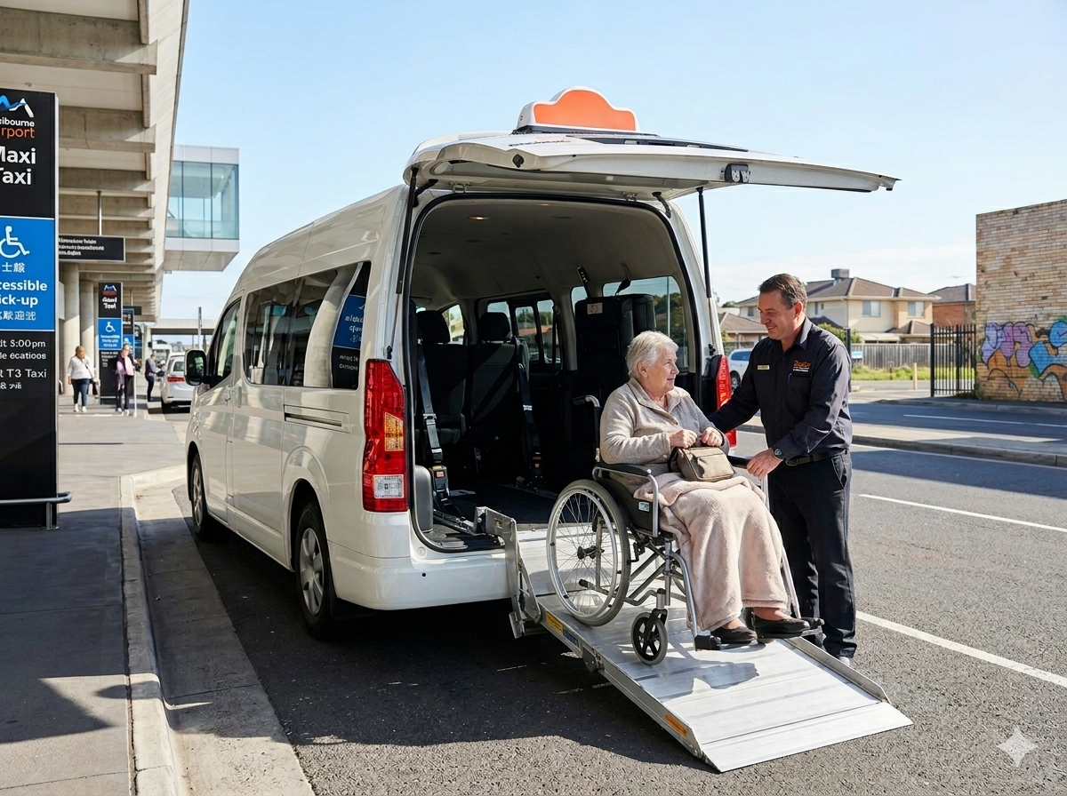 wheelchair taxi Melbourne airport transfer Melbourne Super Maxi accessible maxi cab with ramp